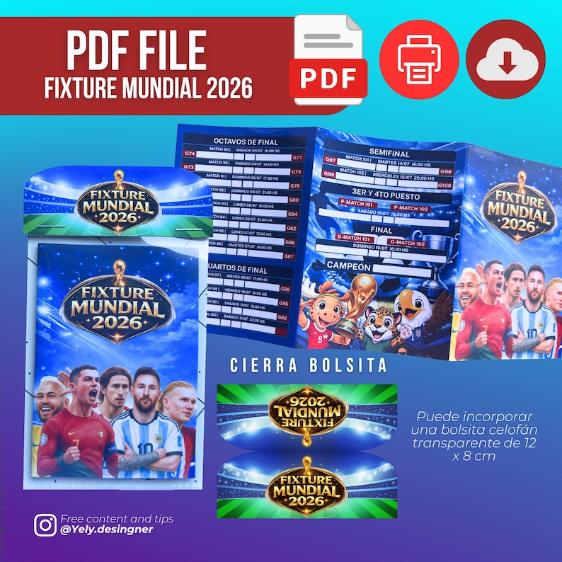 May include: A PDF file titled "FIXTURE MUNDIAL 2026" with a soccer theme. The design includes a schedule, team photos, and the text "CIERRA BOLSITA". The file is available for download.