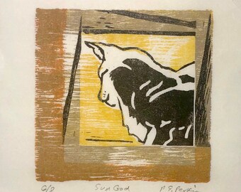 Cat in the Window, Small Sunny Woodblock Print