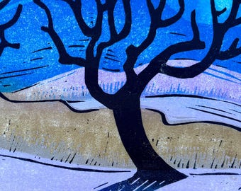 Cherry Moon, Colorful Woodblock Print