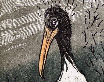 Woodstork Woodblock Print, Florida Storm Clouds