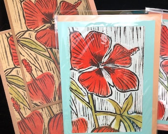 Hibiscus Notecard, Artsy Wildflowers, woodblock card