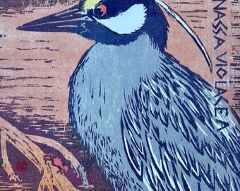 Yellow crowned Night Heron, Bird Portrait, Woodblock Print