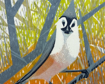 Tufted Titmouse Woodblock Print, Birder's Gift