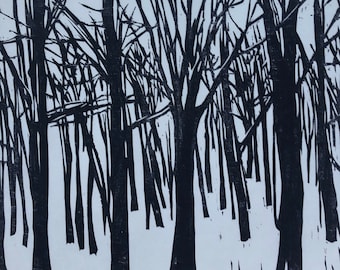 Wood's Edge Black and White, Tree Silhouettes, woodblock print