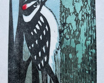 Downy Woodpecker Woodblock Print, Birder's Gift