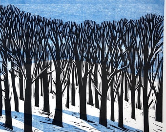 Snowy Woods Woodblock, Modern Landscape, artist print