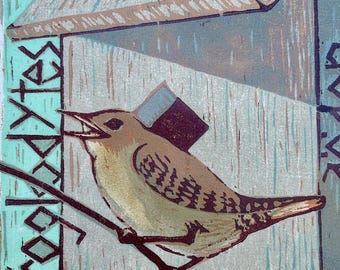 House Wren Woodblock Print, Birder's Gift