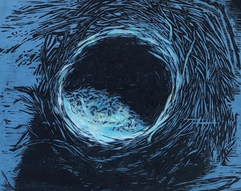 Blue Nest, woodblock print on dyed handmade paper