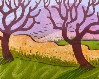 Cherry Trees, Colorful Woodblock Print