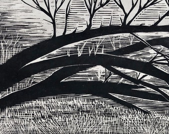 Persistence of Trees, Fallen Tree, Black and White, Landscape woodblock print