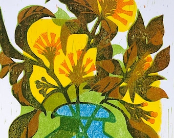 Florida Wildflowers, Blenko Vase, Orange Firebush, Woodblock Print