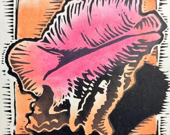 Queen Conch, Linocut Print, Beach House Decor, Florida Art, Ready to Frame