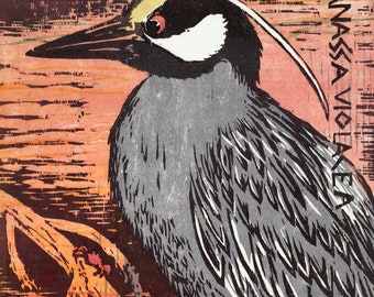 Yellow crowned Night Heron, Bird Portrait, Woodblock Print