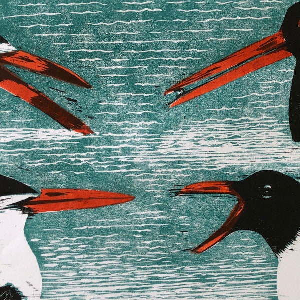 Beach Birds Woodblock Print