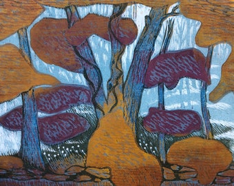 Wood's Edge, Fall Colors, woodblock print