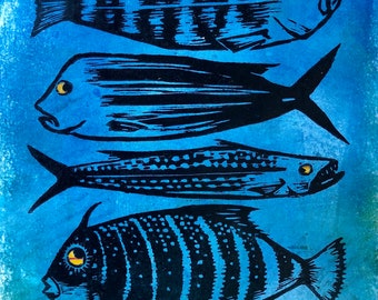 Four Fishes, Ocean Blues, 8x10 Woodblock Prints