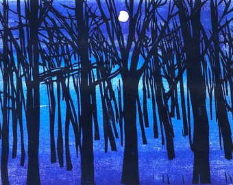 Wood's Edge Moon, Blue Evening Trees, Hazy Purple sky, woodblock print