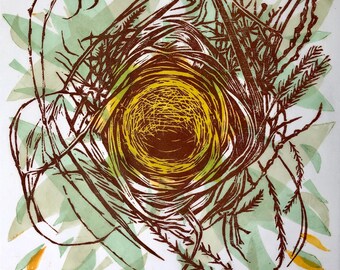 Bird Nest Print, pale green and gold, modern woodblock print