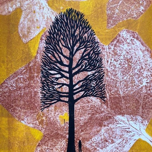 Sweet Gum Woodblock prints, Tulip poplar, Tree Silhouette, Tree and Leaf Art Black tree on yellow