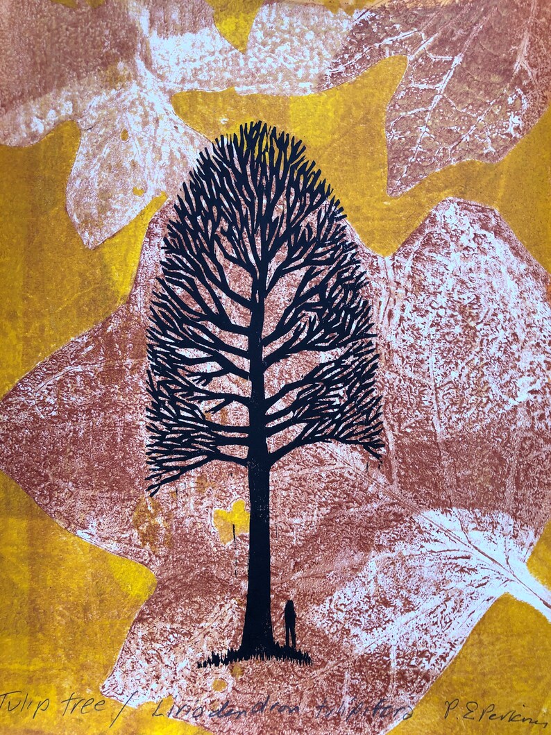 Sweet Gum Woodblock prints, Tulip poplar, Tree Silhouette, Tree and Leaf Art Black tree on yellow