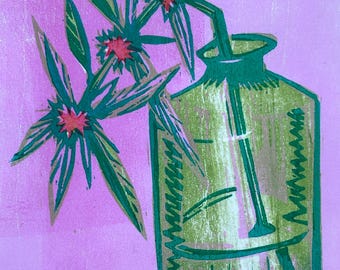 Pink Floral Woodblock Print, Bee Balm, Green Bottle, Midcentury Modern Style