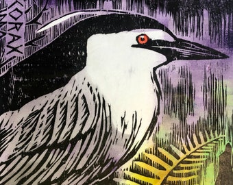 Night Heron Portrait, Woodblock Print, Artist Made