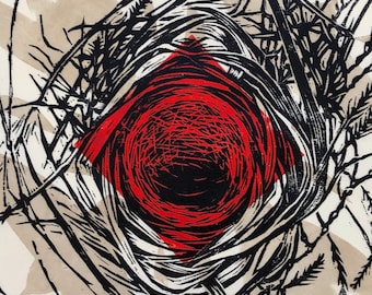 Bird Nest Print, Black and red art, modern woodblock print