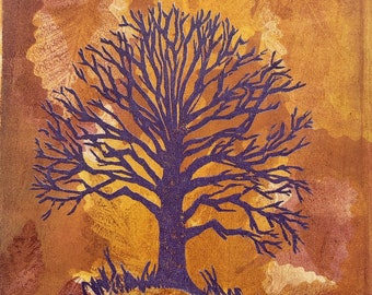 Oak Tree Woodblock, Tree Silhouette Print, Art Gift, Tree and Leaf Art