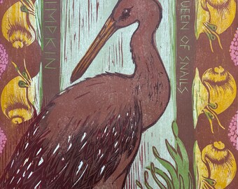 Limpkin, Queen of Snails, Woodblock Print, Florida Bird Icon