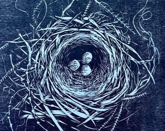 Black and White Nest Eggs, woodblock print