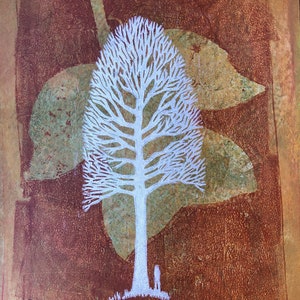 Sweet Gum Woodblock prints, Tulip poplar, Tree Silhouette, Tree and Leaf Art White tree on brown