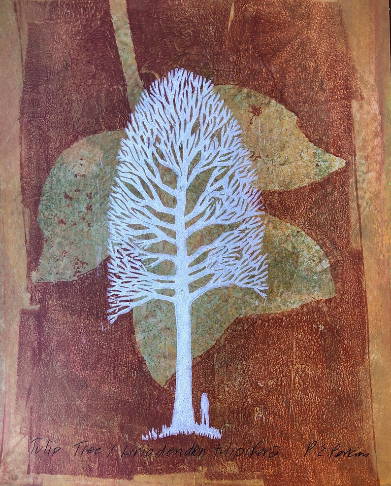 Sweet Gum Woodblock prints, Tulip poplar, Tree Silhouette, Tree and Leaf Art White tree on brown