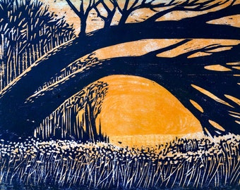 Fallen Tree, Sunset Woods Landscape, woodblock print