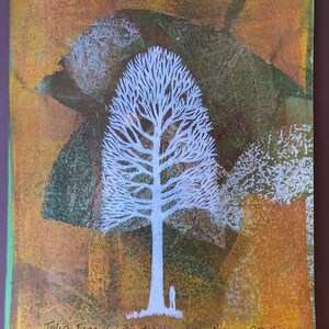 Sweet Gum Woodblock prints, Tulip poplar, Tree Silhouette, Tree and Leaf Art White tree on green