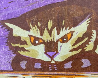 Shelf Cat, Colorful Woodblock Print, Tabby Cat Portrait