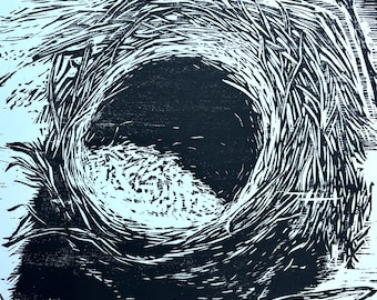 Thrush Nest, woodblock print, black and white art