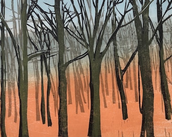 Wood's Edge in Winter, woodblock print