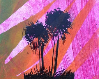 Poignant Palms, Tropical Print, Small Art, Colorful Woodblock Prints