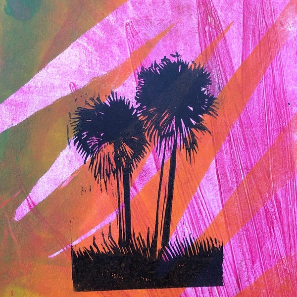 Poignant Palms, Tropical Print, Small Art, Colorful Woodblock Prints