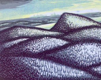 Mount Beacon View, Hudson Valley Winter Landscape, woodblock print