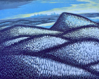 Mount Beacon View, Hudson Valley Winter Landscape, woodblock print