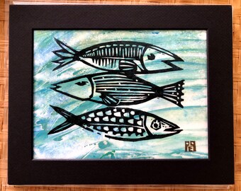 Three Fishes Block Print, Small Wall Art