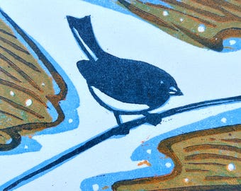 Snowbird Woodblock Print, Junco in the snow, Birder's Gift