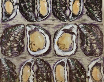 Oyster Art, Beach House Decor, woodblock print