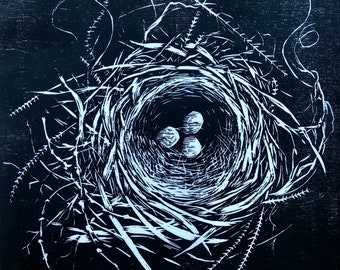 Black and White Nest Eggs, woodblock print