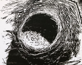 Black and White Empty Nest, woodblock print