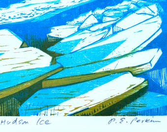 Hudson Ice, New York Winter Woodblock Print