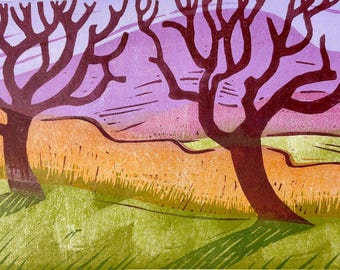 Cherry Trees, Colorful Woodblock Print