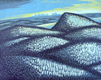 Mount Beacon View, Hudson Valley Winter Landscape, woodblock print