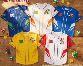 Personalized Mario Character Baseball Jersey Custom Gaming Team Shirt Retro Gamer Family Matching Outfit